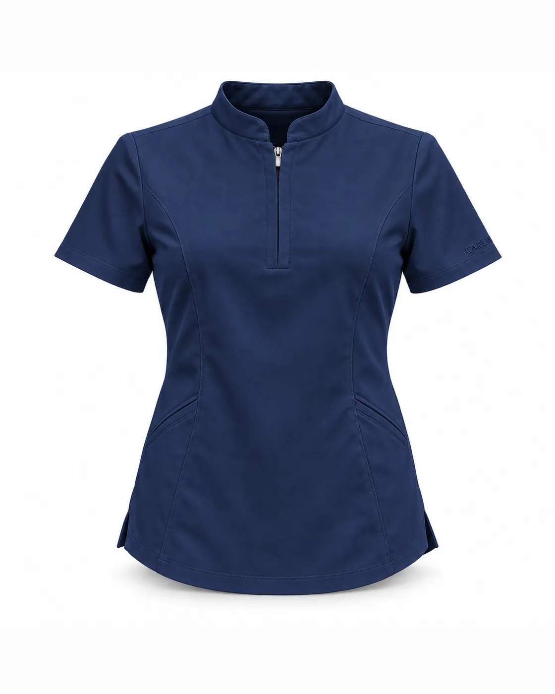 Short-Zip Mandarin Top — Front · Navy