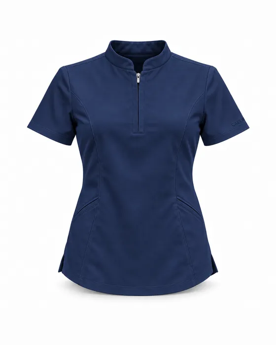 Short-Zip Mandarin Top, Navy
