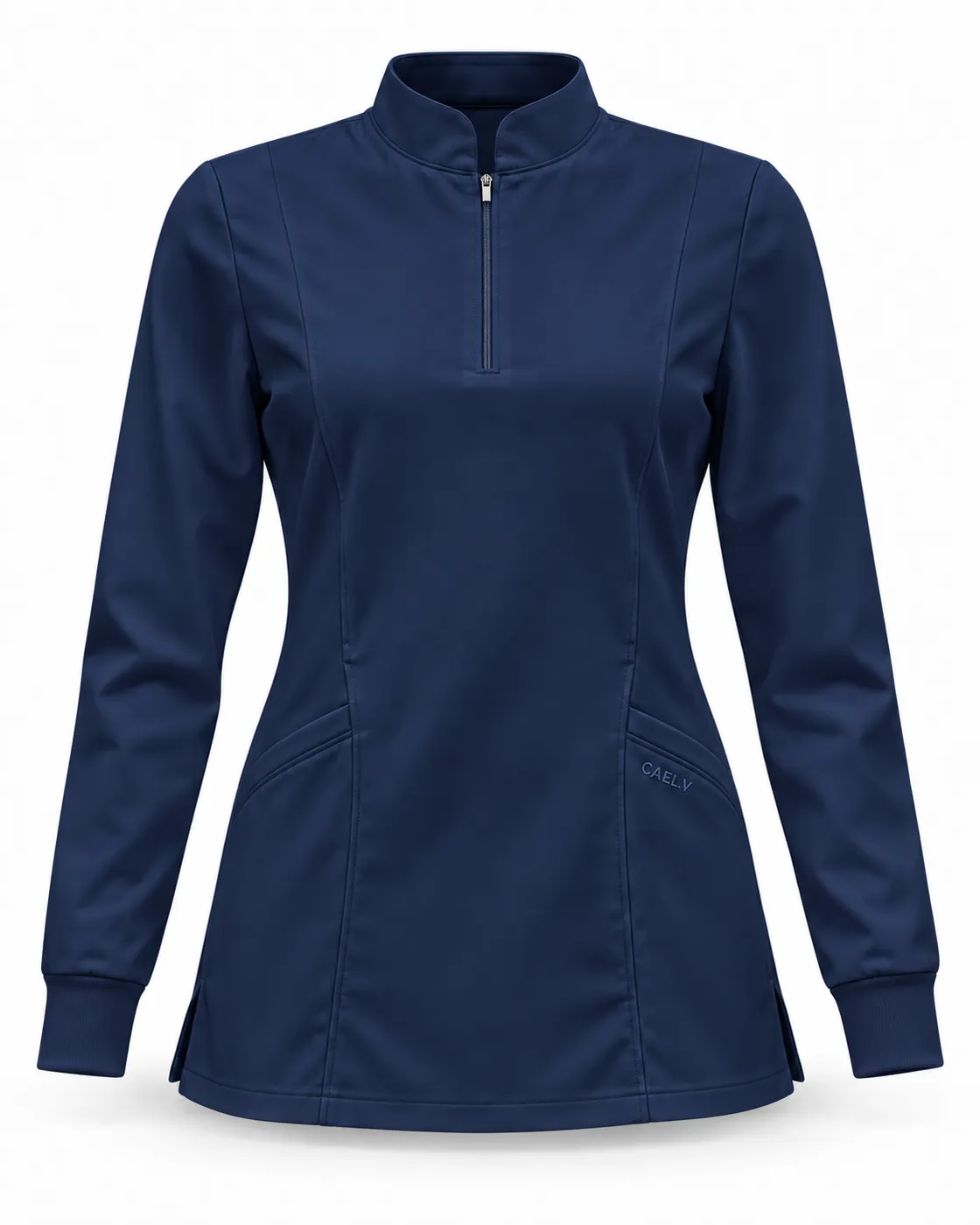 Long-Sleeve Stand-Collar Top — Front · Navy