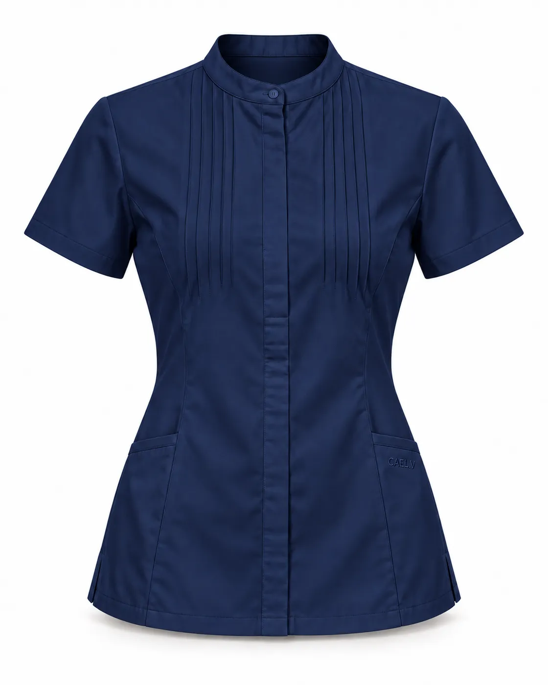 Band-Collar Pintuck Top — Front · Navy