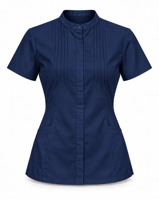Band-Collar Pintuck Top, Navy